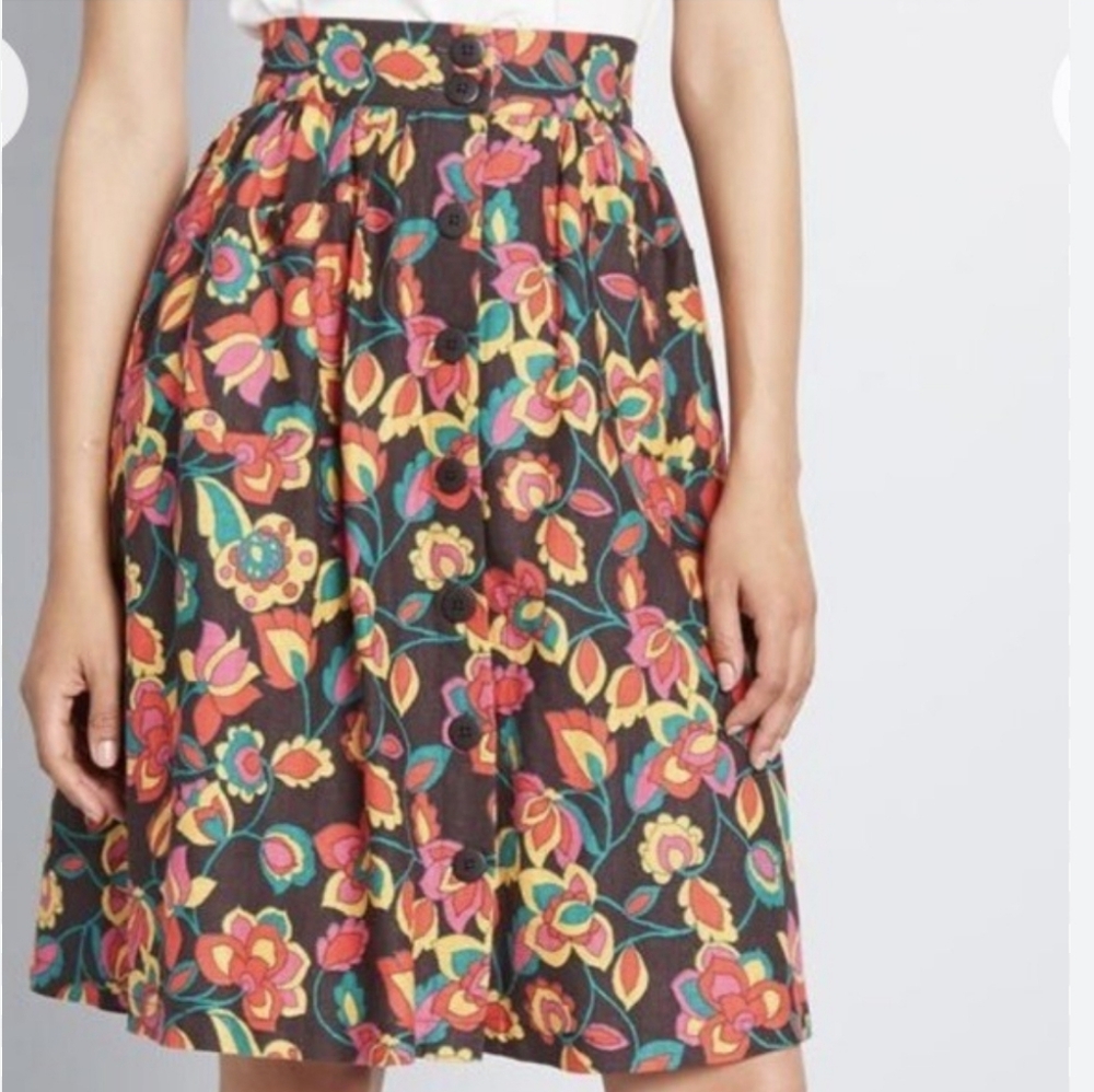 MODCLOTH Floral Linen Skirt Black Pink Red Yellow